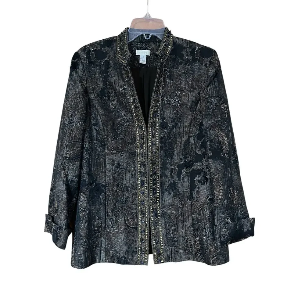 Chico's Womens Size Medium Dressy Brown Black Shimmer Sequin Bead Blazer Jacket